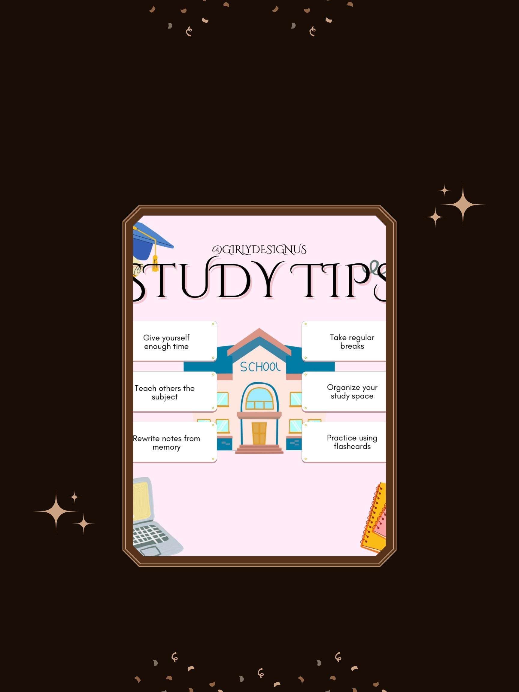 Aesthetic Study Tips Printable Digital School Poster Digital product agirlydesignus-aesthetic-study-tips-printable-dark-brown-framed-pink-laptop-notebooks My Store