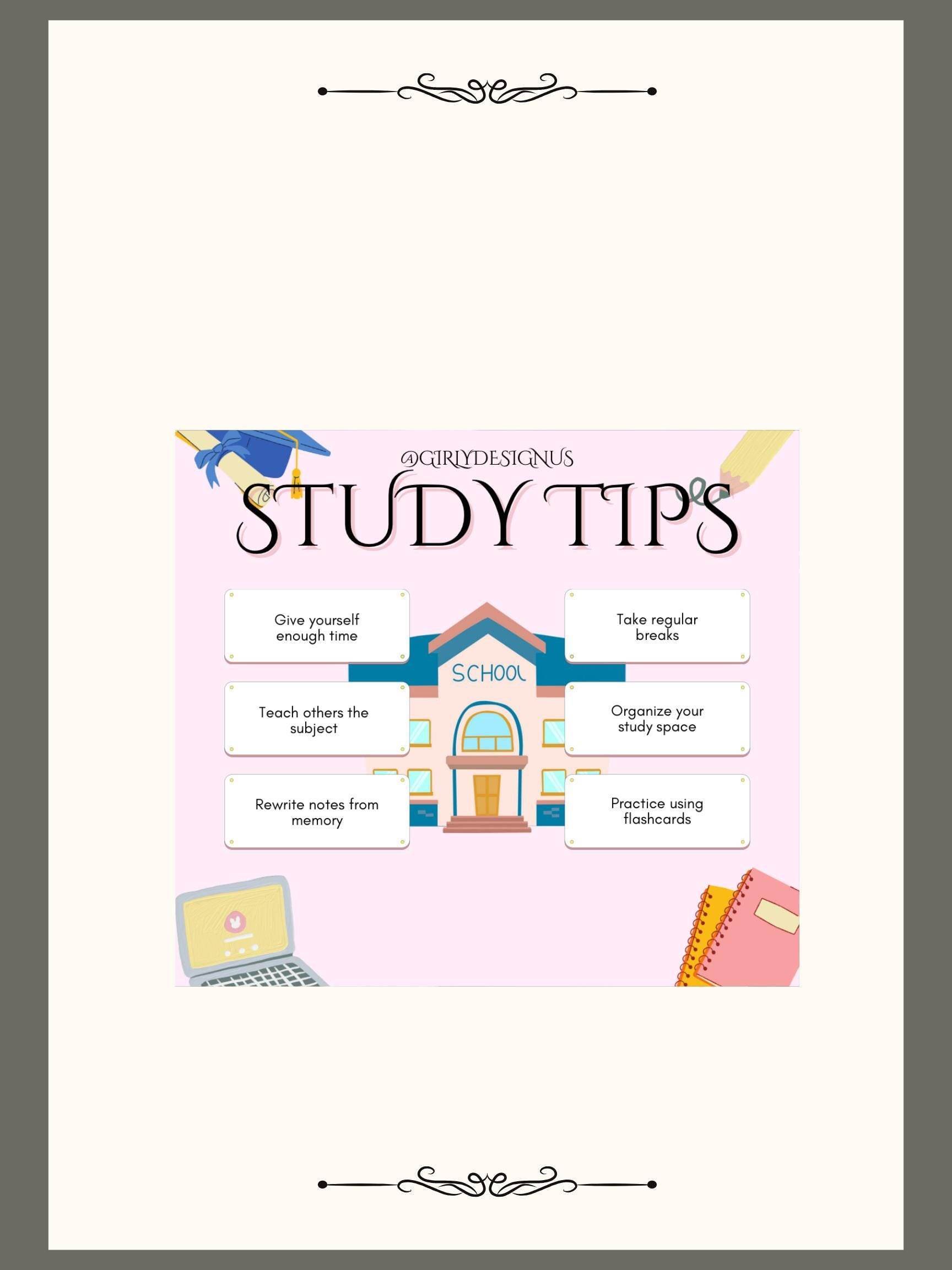 Aesthetic Study Tips Printable Digital School Poster Digital product agirlydesignus-aesthetic-study-tips-printable-pale-gray-border-pink-school-notebook My Store