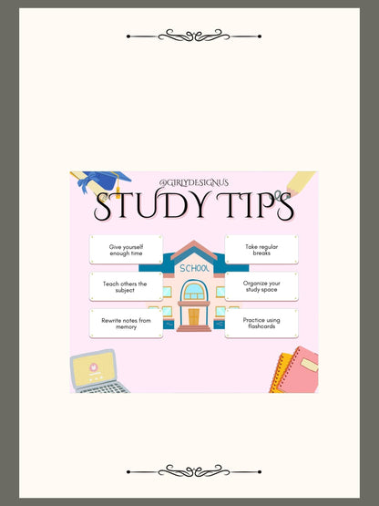 Aesthetic Study Tips Printable Digital School Poster Digital product agirlydesignus-aesthetic-study-tips-printable-pale-gray-border-pink-school-notebook My Store