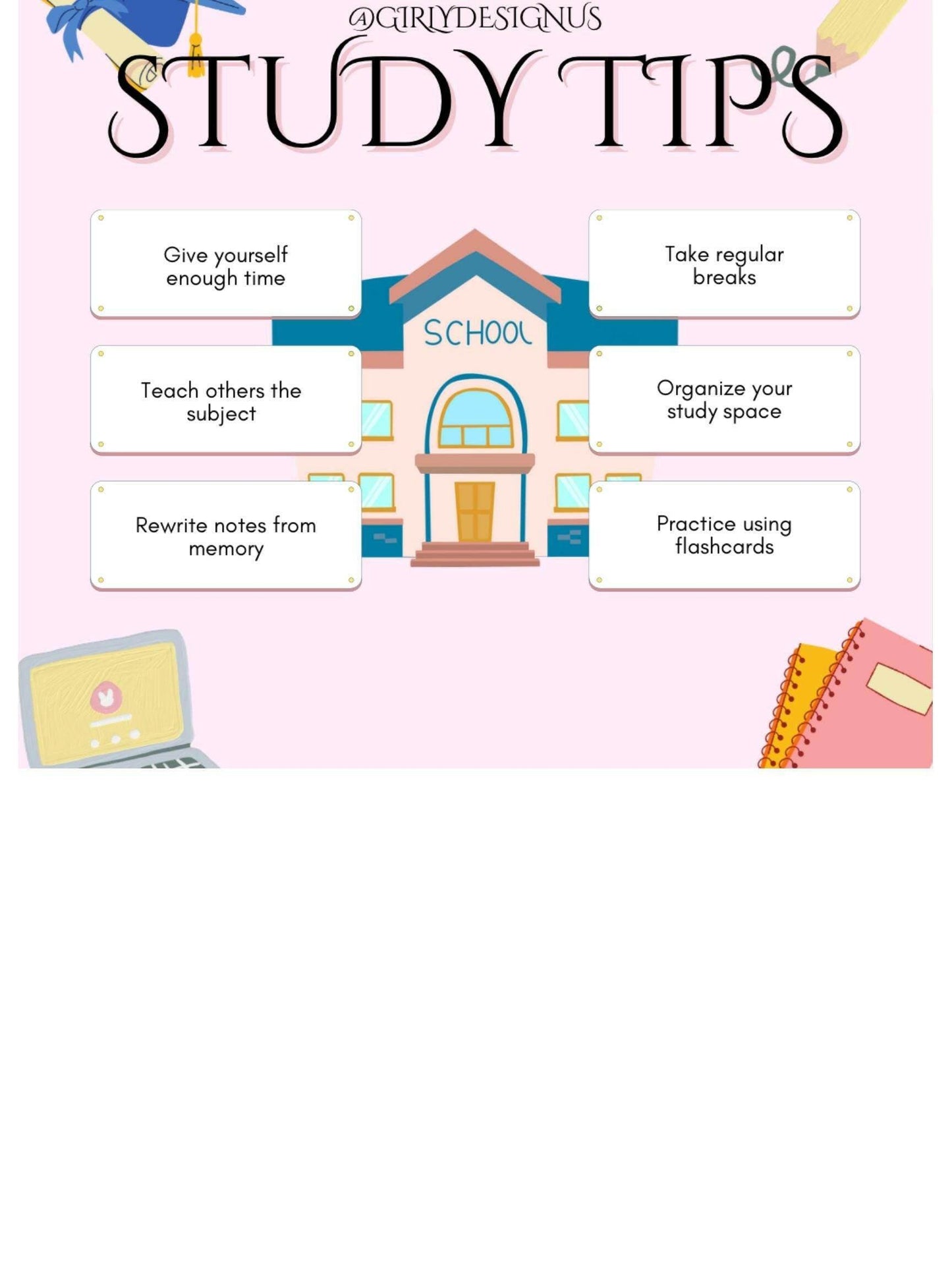 Aesthetic Study Tips Printable Digital School Poster Digital product agirlydesignus-aesthetic-study-tips-printable-pink-background-closeup-notebook-laptop My Store