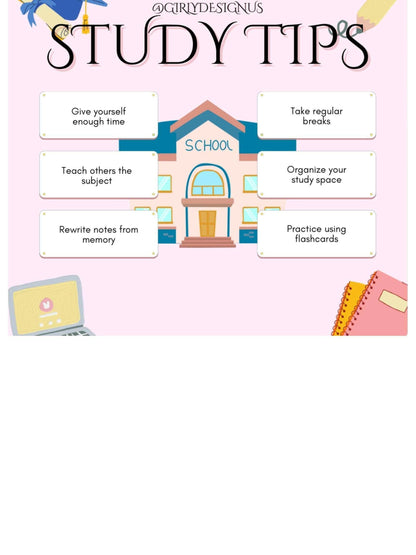 Aesthetic Study Tips Printable Digital School Poster Digital product agirlydesignus-aesthetic-study-tips-printable-pink-background-closeup-notebook-laptop My Store