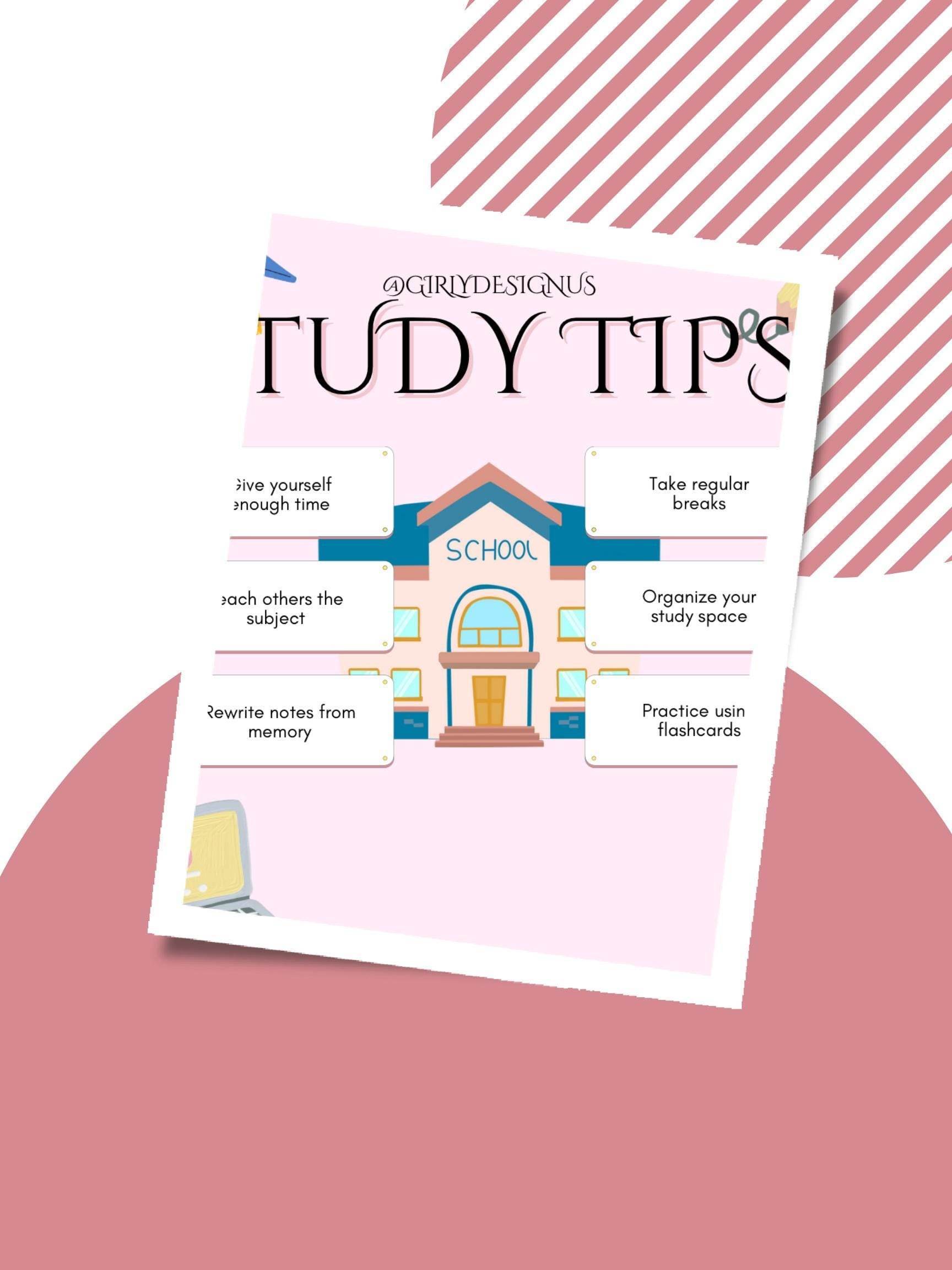 Aesthetic Study Tips Printable Digital School Poster Digital product agirlydesignus-aesthetic-study-tips-printable-pink-diagonal-lines-background My Store