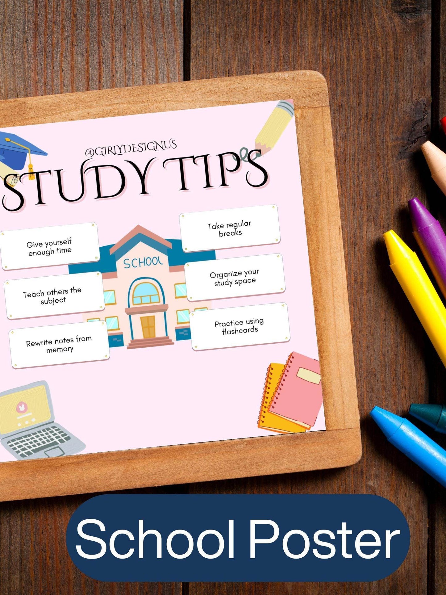 Aesthetic Study Tips Printable Digital School Poster Digital product agirlydesignus-aesthetic-study-tips-printable-wooden-table-pink-school-notebooks-crayons My Store