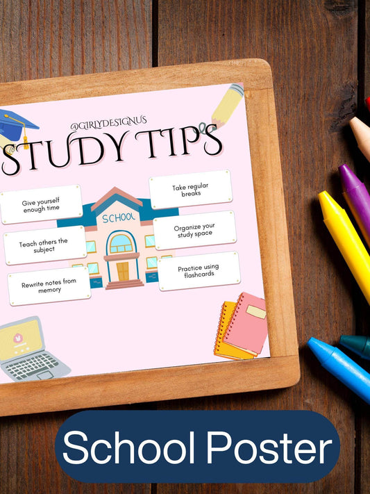Aesthetic Study Tips Printable Digital School Poster Digital product agirlydesignus-aesthetic-study-tips-printable-wooden-table-pink-school-notebooks-crayons My Store
