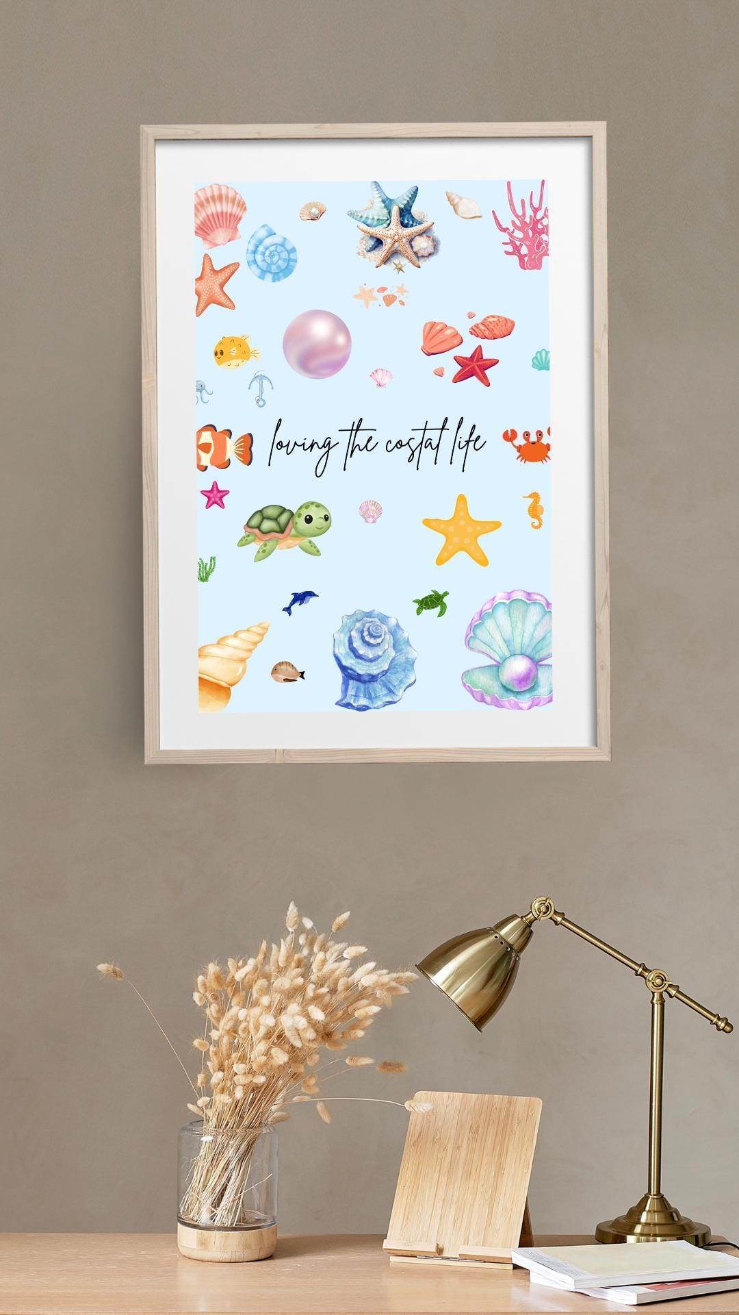 Beach Theme Ocean Decor Print Digital Download Digital product beach-theme-ocean-decor-print-light-wood-frame-neutral-wall My Store