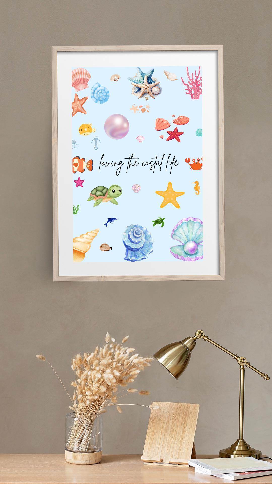 Beach Theme Ocean Decor Print Digital Download Digital product beach-theme-ocean-decor-print-light-wood-frame-with-lamp My Store