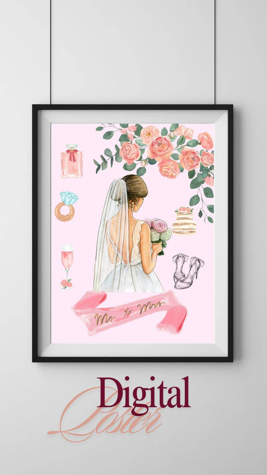 Bridal Shower Wall Art Digital Download Digital product bridal-shower-wall-art-bride-back-view-with-roses My Store