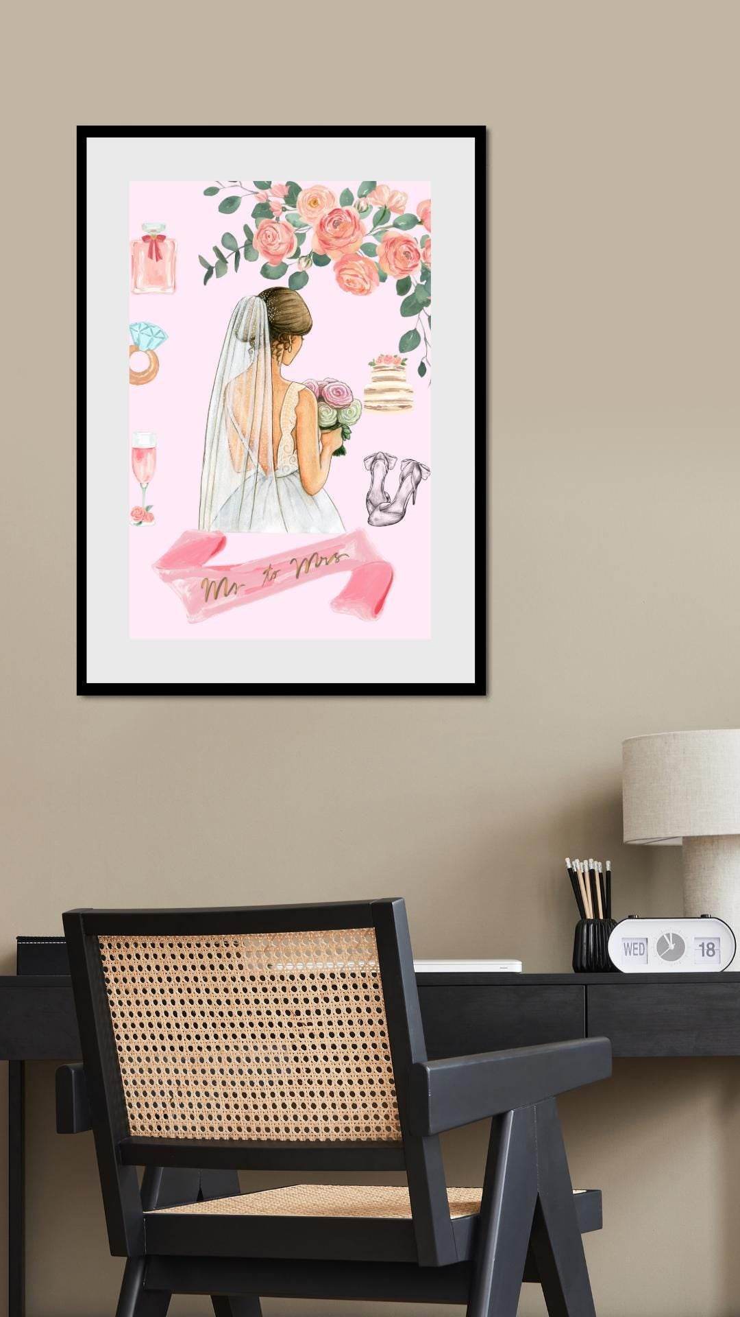 Bridal Shower Wall Art Digital Download Digital product bridal-shower-wall-art-framed-bride-illustration-office-wall My Store