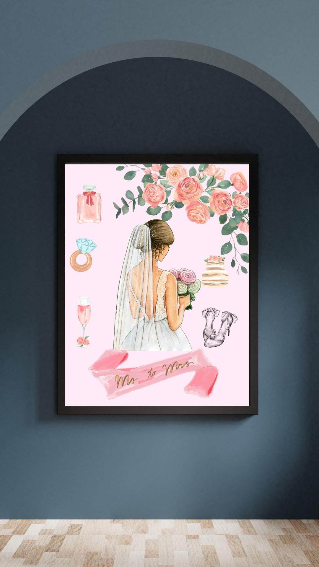 Bridal Shower Wall Art Digital Download Digital product bridal-shower-wall-art-framed-bride-illustration-pink My Store
