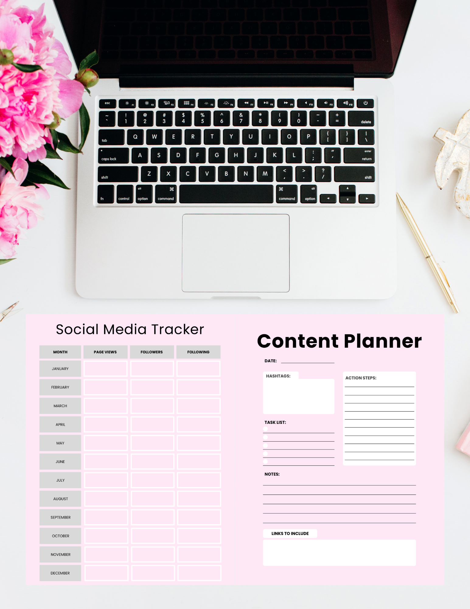 Content Planning Template for Creators Digital product content-planning-template-for-creators-laptop-flatlay-social-media-tracker GirlyDesignUS