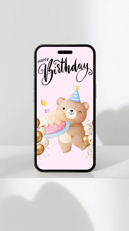 Cute Bear Birthday Poster Digital Download Digital product cute-bear-birthday-poster-bear-cake-mobile-phone My Store