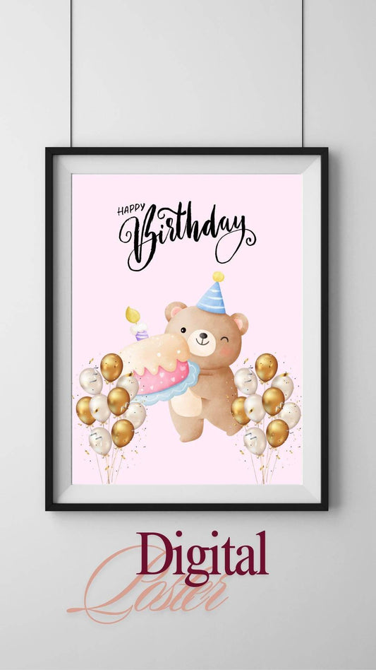 Cute Bear Birthday Poster Digital Download Digital product cute-bear-birthday-poster-bear-with-cake-balloons My Store