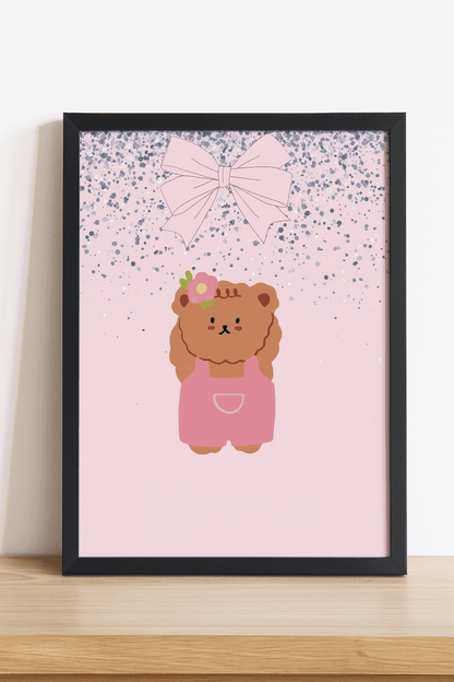 Cute Bear Nursery Wall Art Digital Poster Template Digital product cute-bear-nursery-wall-art-pink-bow-bear-black-frame My Store