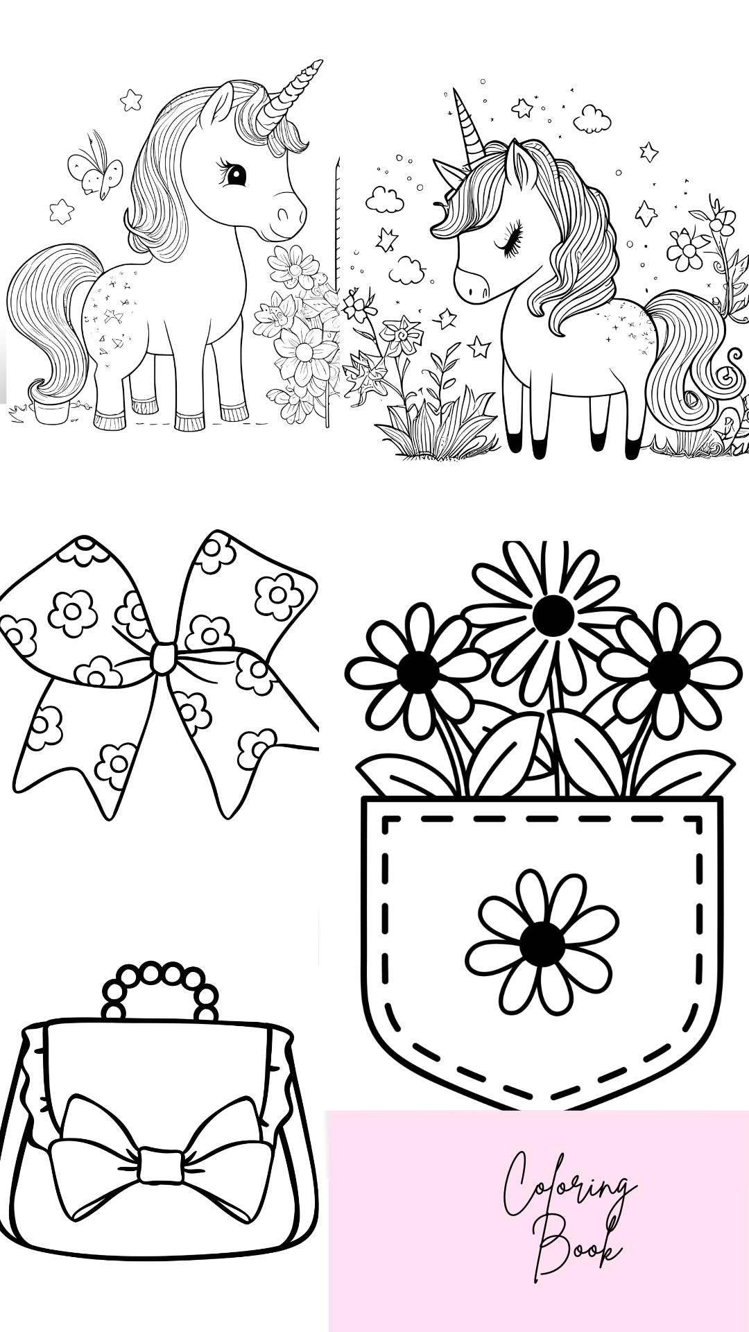 Cute Printable Coloring Book Kids Digital Download Digital product cute-printable-coloring-book-kids-flower-bouquet-and-patterned-bow My Store