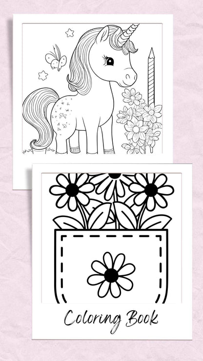 Cute Printable Coloring Book Kids Digital Download Digital product cute-printable-coloring-book-kids-unicorn-with-stars-and-flowers My Store