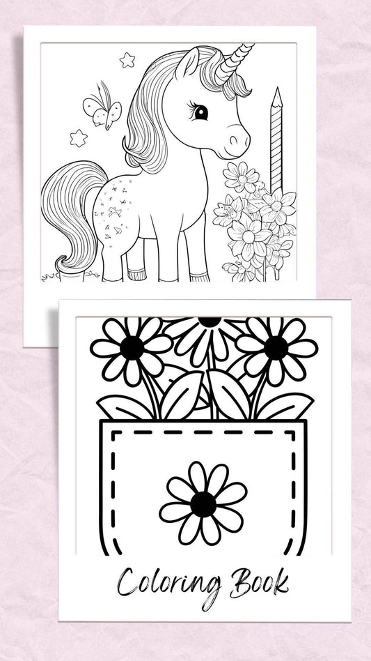 Cute Printable Coloring Book Kids Digital Download Digital product cute-printable-coloring-book-kids-unicorn-with-stars-and-flowers My Store