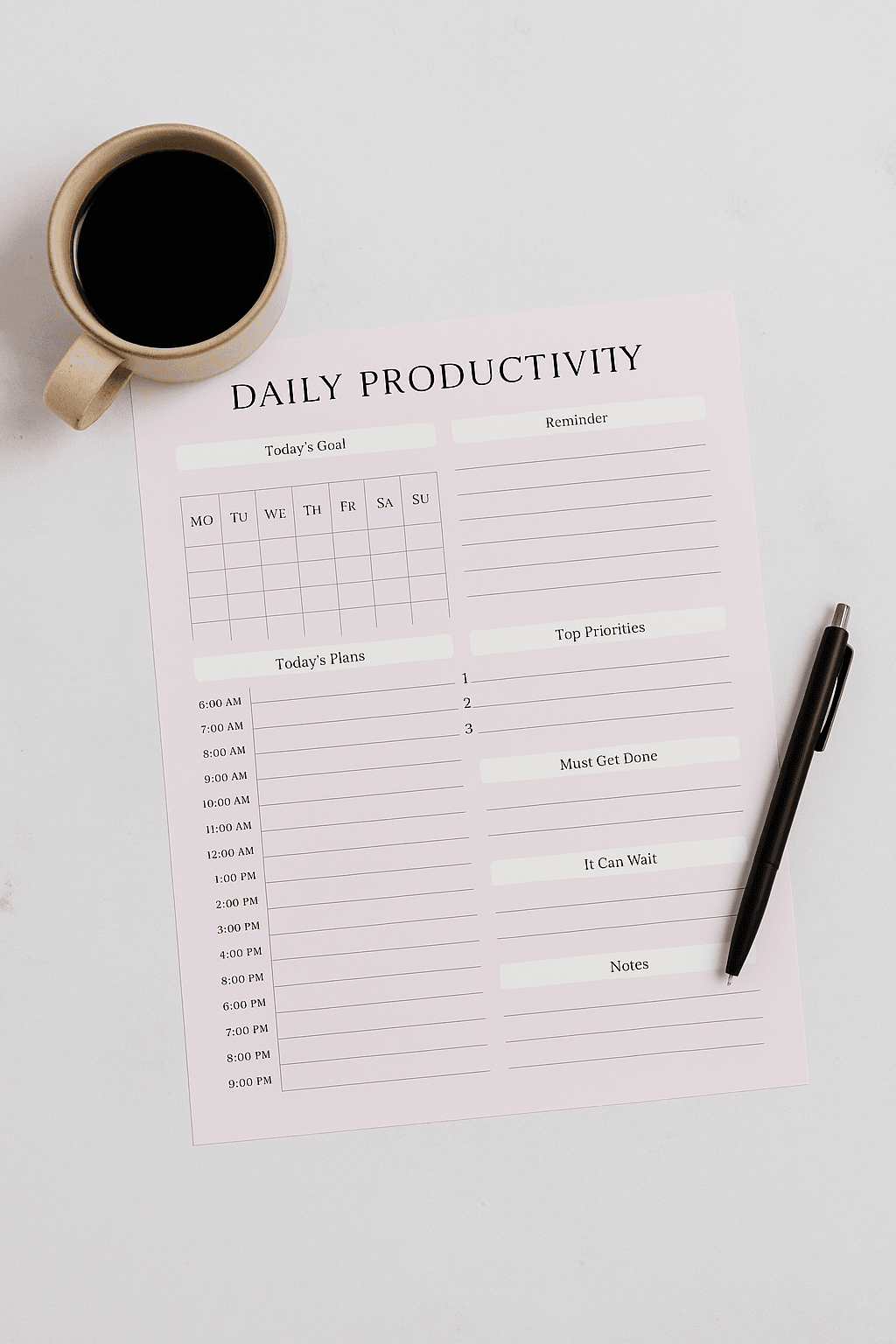 Daily Productivity Planner Digital Download Digital product daily-productivity-planner-closeup-coffee-pen-table GirlyDesignUS