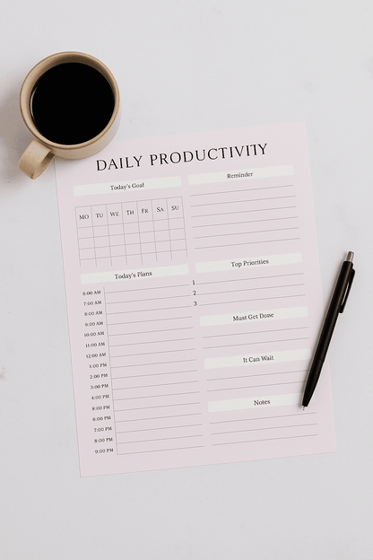 Daily Productivity Planner Digital Download Digital product daily-productivity-planner-closeup-coffee-pen-table GirlyDesignUS