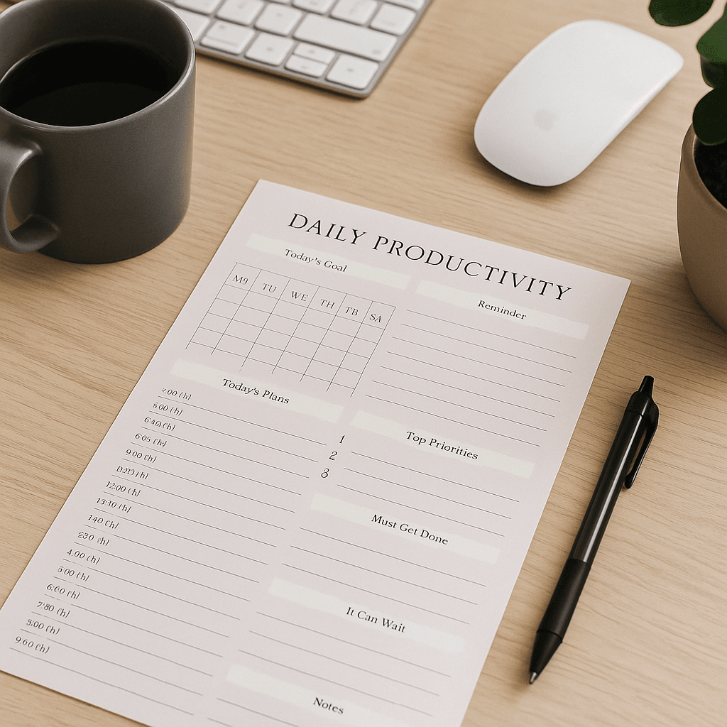 Daily Productivity Planner Digital Download Digital product daily-productivity-planner-desk-setup-mouse-keyboard-pen GirlyDesignUS