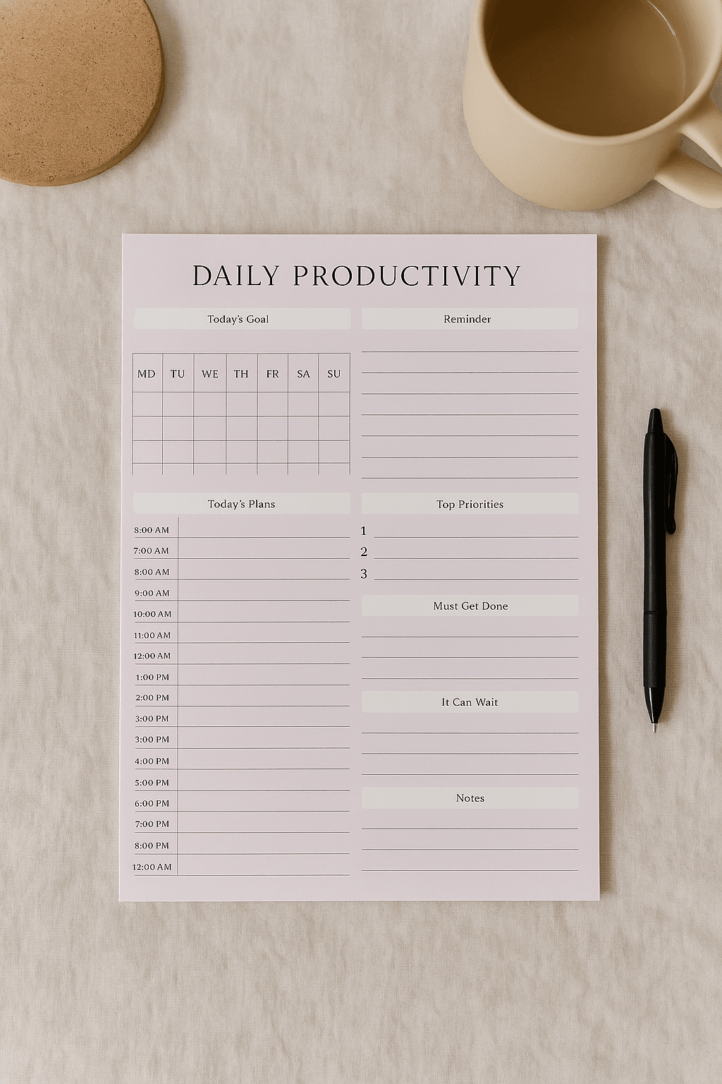 Daily Productivity Planner Digital Download Digital product daily-productivity-planner-pen-linen-background-topview GirlyDesignUS