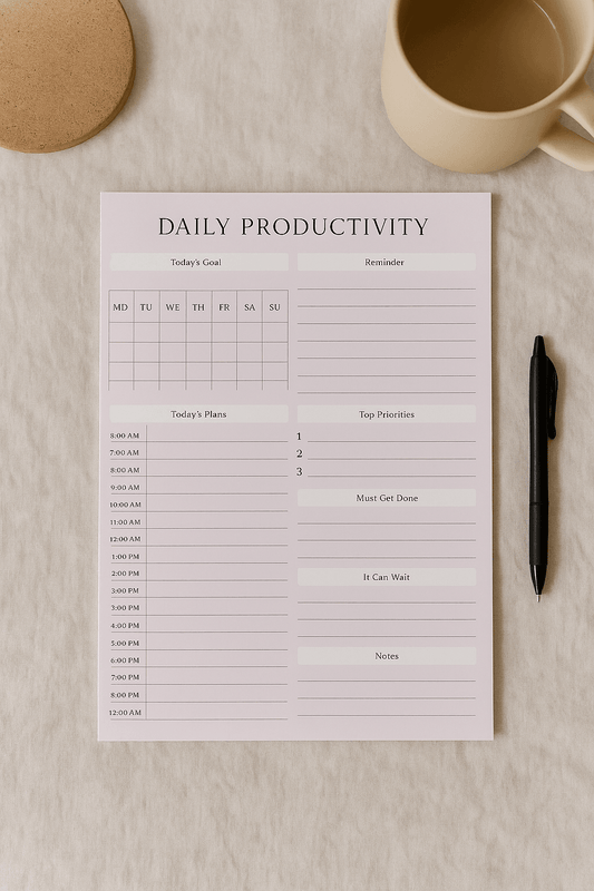 Daily Productivity Planner Digital Download Digital product daily-productivity-planner-pen-linen-background-topview GirlyDesignUS