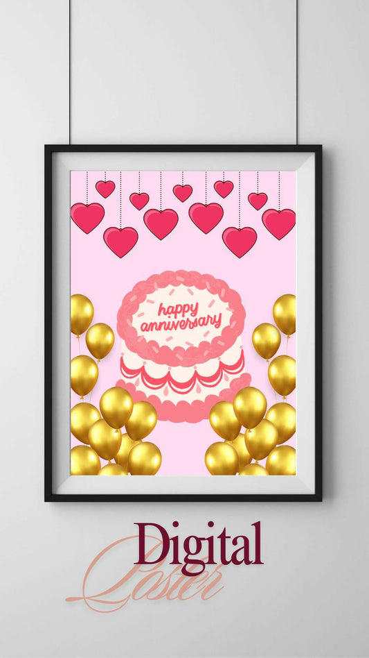 Happy Anniversary Printable Decor - Digital Download Digital product digital-happy-anniversary-printable-decor-pink-cake-gold-balloons My Store
