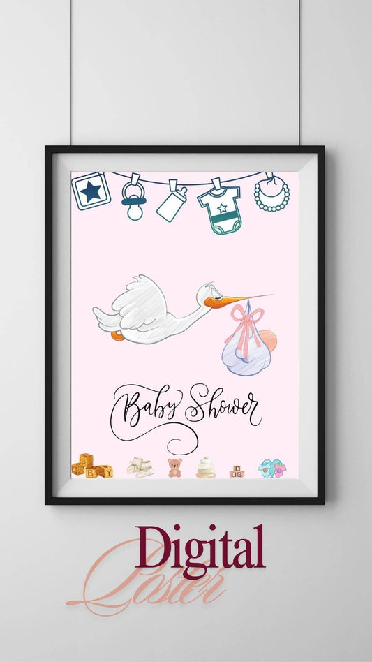 Instant Baby Shower Invitation for Girl or Boy Digital Digital product digital-instant-baby-shower-invitation-for-girl-or-boy-stork-pink My Store