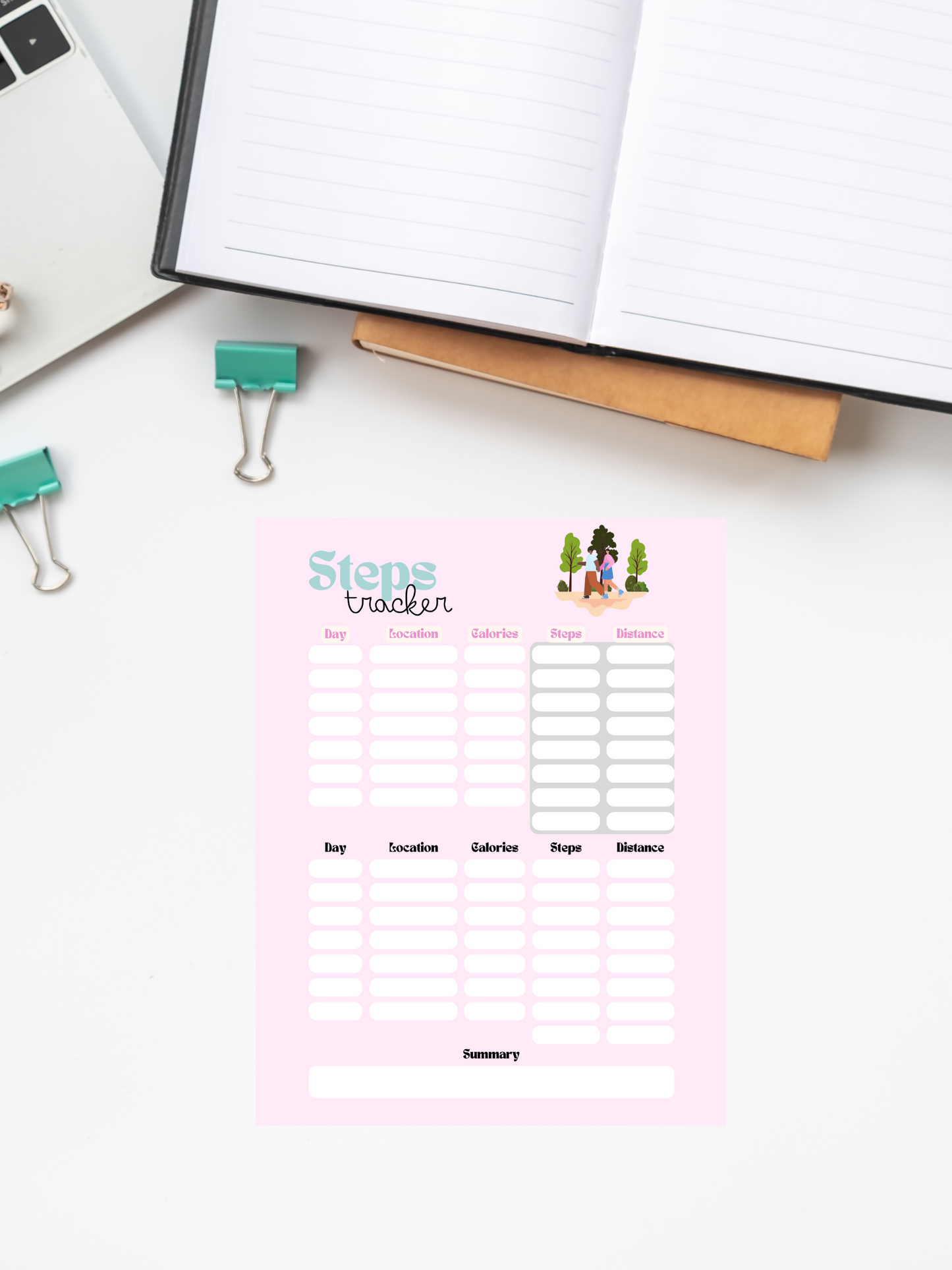 Digital Steps Tracker Download Template Digital product digital-steps-tracker-download-pink-steps-log-desk GirlyDesignUS