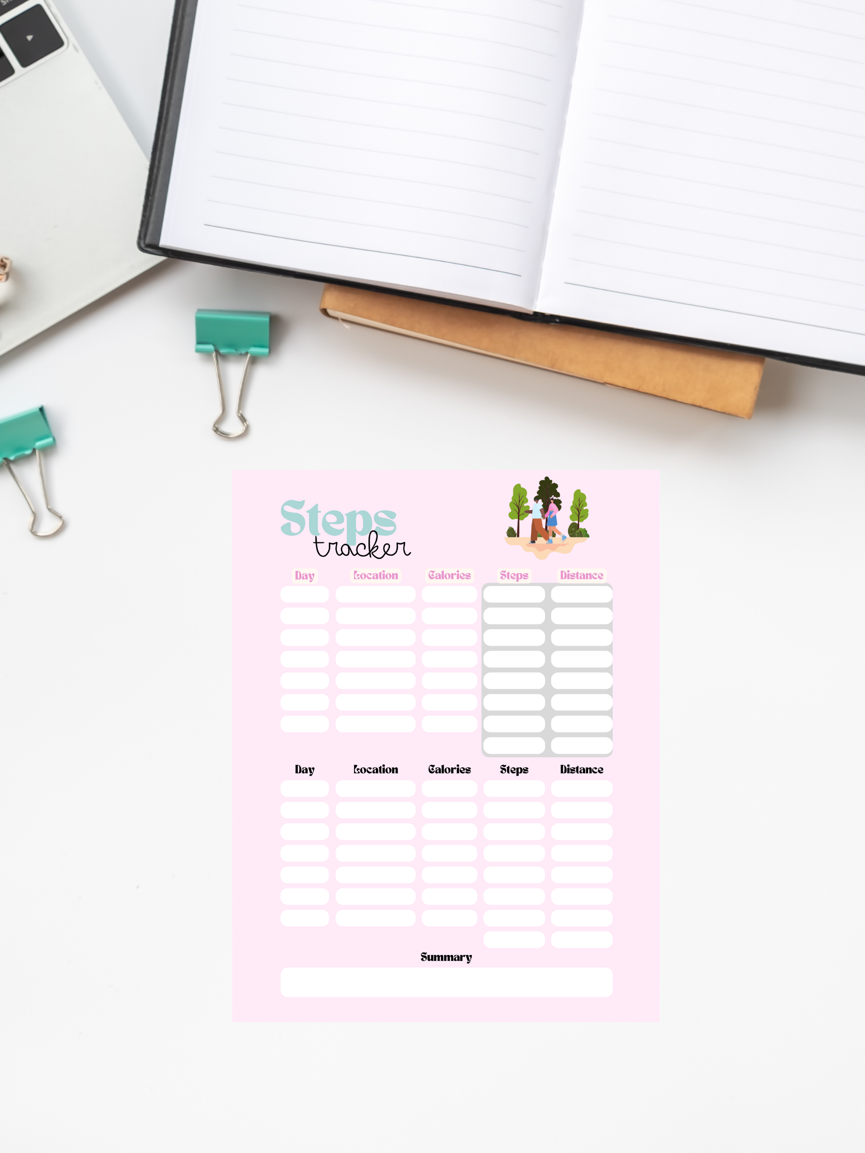 Digital Steps Tracker Download Template Digital product digital-steps-tracker-download-pink-steps-log-desk GirlyDesignUS