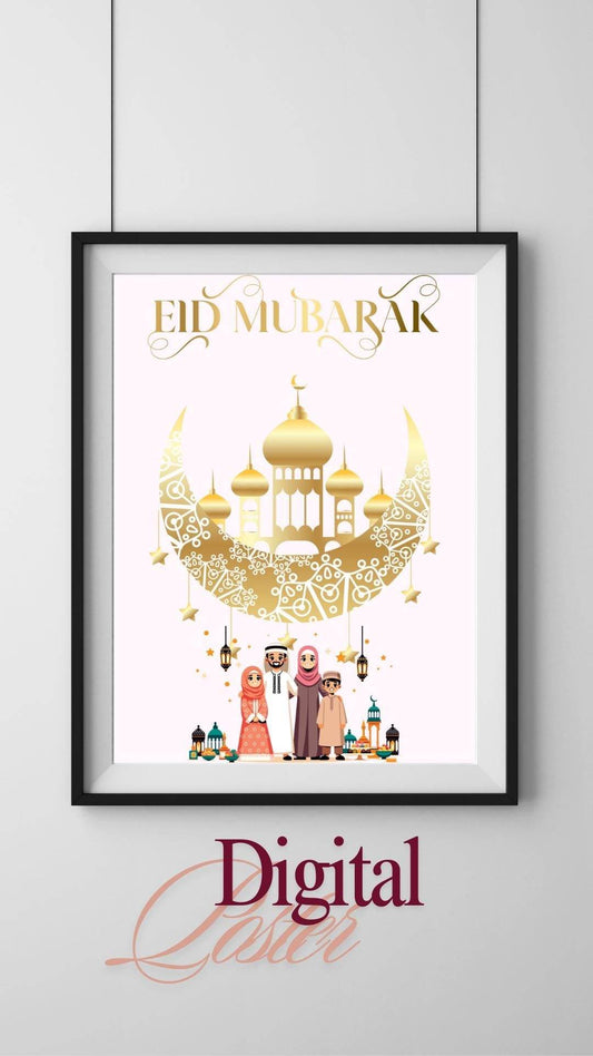 Eid Mubarak Digital Poster with Gold Mosque Design Digital product eid-mubarak-digital-poster-golden-moon-family-illustration My Store