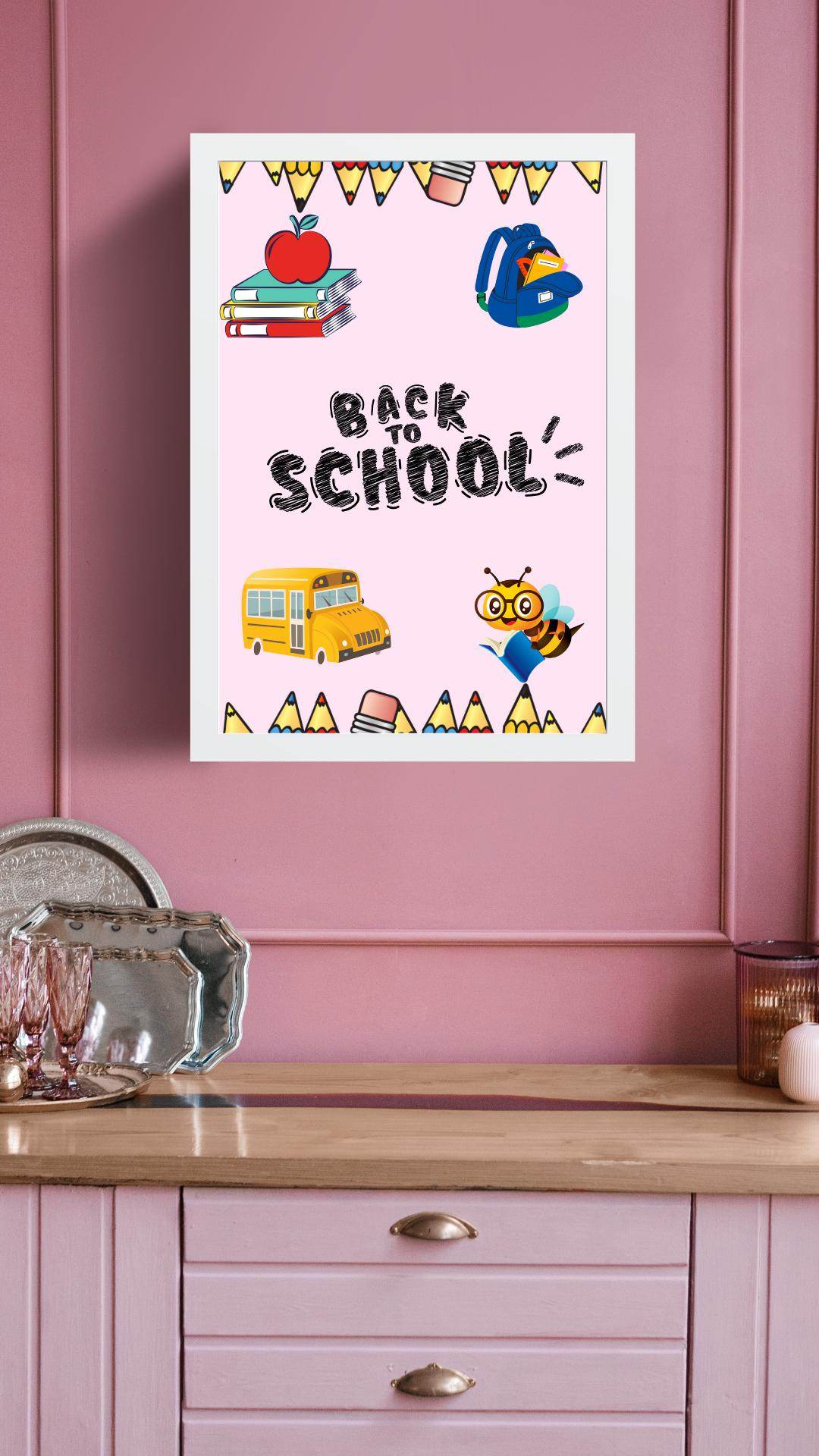 First Day of School Sign Printable - Cute Back to School Decor Digital product first-day-of-school-sign-printable-poster-on-pink-wall-with-table My Store