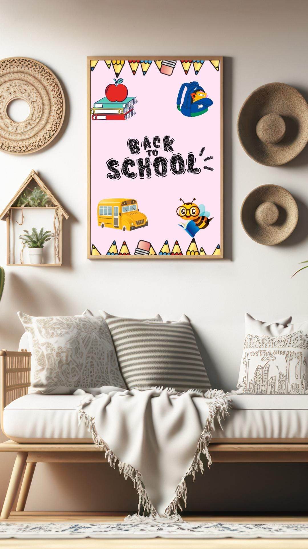 First Day of School Sign Printable - Cute Back to School Decor Digital product first-day-of-school-sign-printable-wall-hanging-with-couch-decor My Store