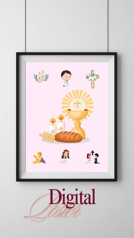 First Holy Communion Wall Art Digital Download Digital product first-holy-communion-wall-art-priest-chalice-candles-bread My Store
