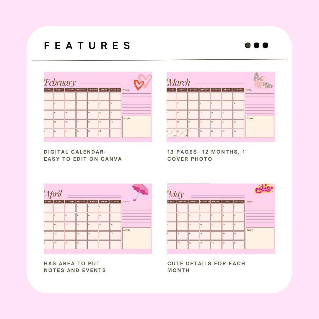 2025 Pink Aesthetic Calendar Digital Download Digital product girlydesignus-2025-pink-aesthetic-calendar-month-features-overview My Store