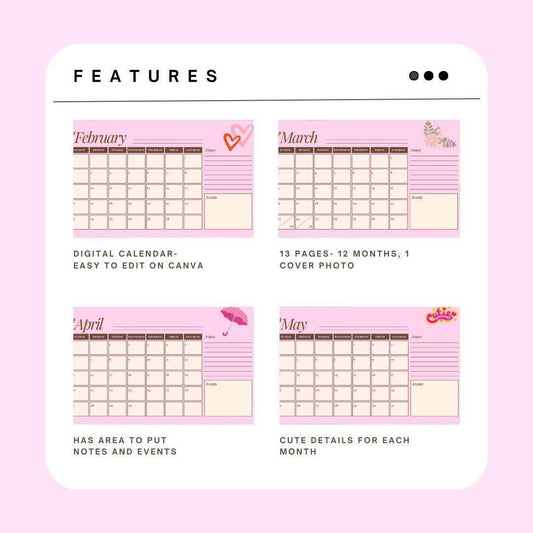 2025 Pink Aesthetic Calendar Digital Download Digital product girlydesignus-2025-pink-aesthetic-calendar-month-features-overview My Store