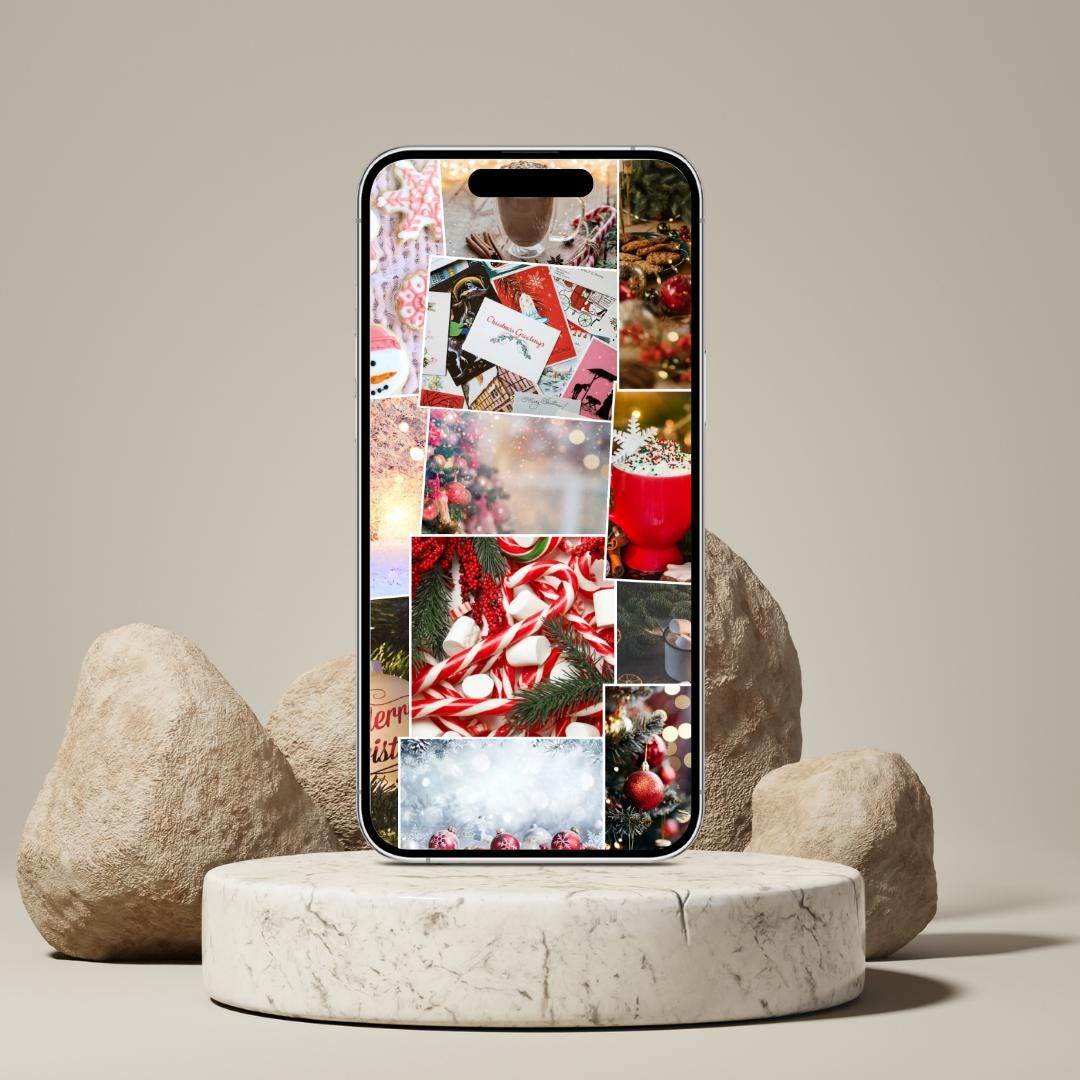 Holiday Aesthetic Backgrounds Digital Wallpaper Pack Digital product girlydesignus-holiday-aesthetic-backgrounds-christmas-collage-iphone-stand My Store
