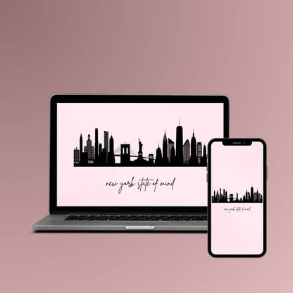 New York City Skyline Digital Wallpaper Digital product girlydesignus-new-york-city-skyline-digital-wallpaper-laptop-and-phone-pink-backdrop My Store