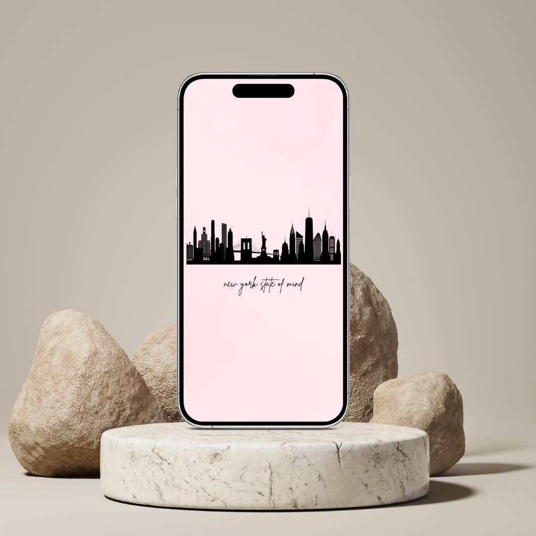 New York City Skyline Digital Wallpaper Digital product girlydesignus-new-york-city-skyline-digital-wallpaper-phone-on-marble-stand My Store