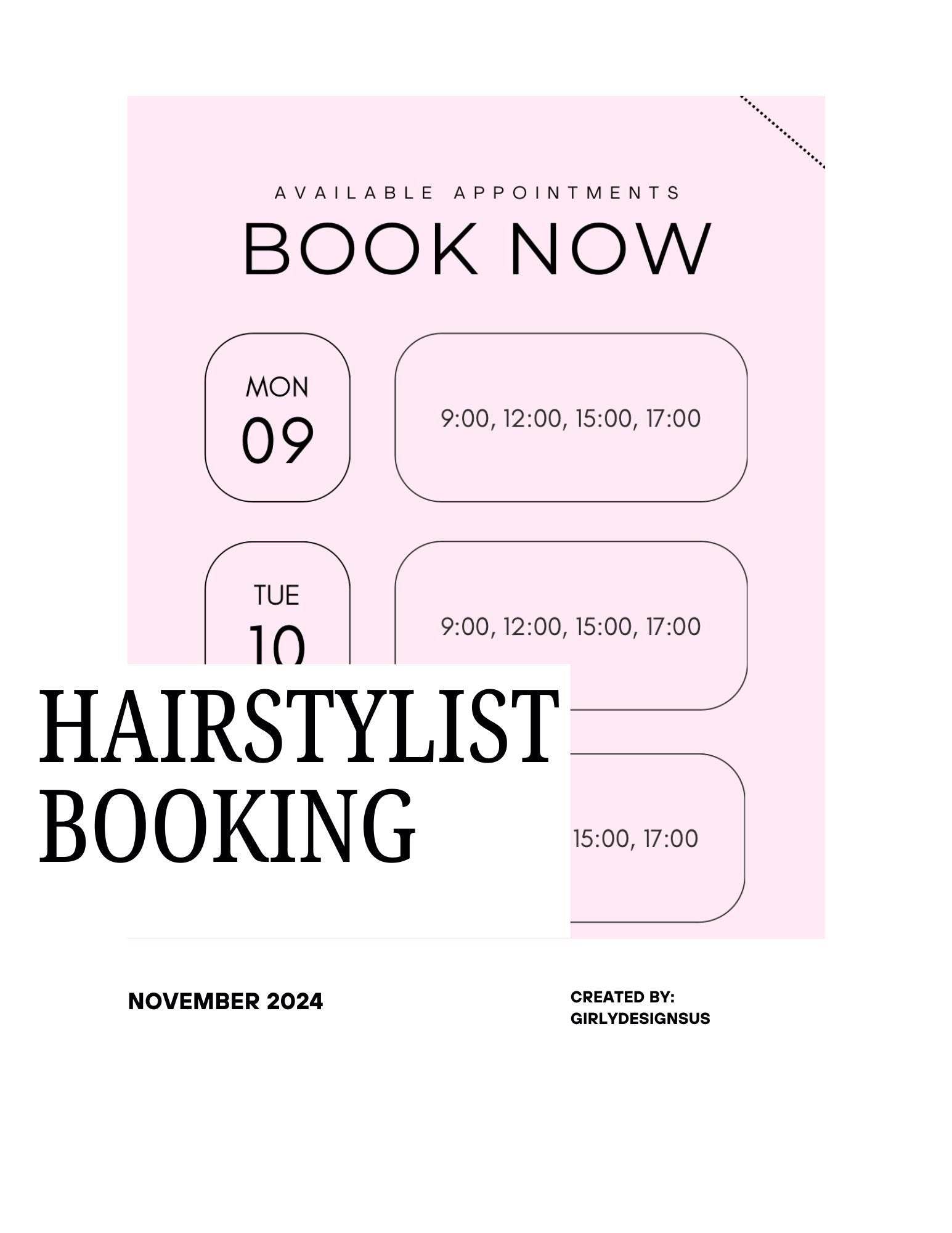 Hair Stylist Appointment Template - Digital Download Digital product hair-stylist-appointment-template-pink-book-now-schedule My Store