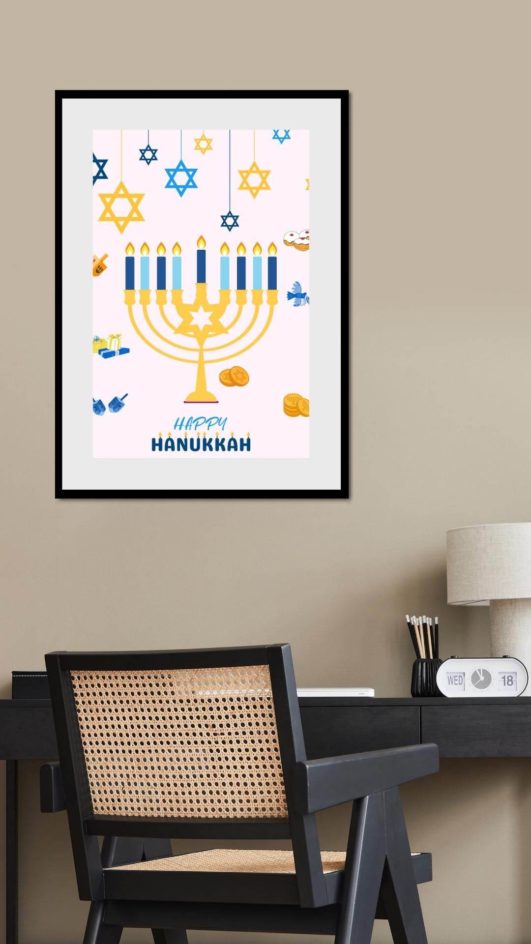 Hanukkah Printable Wall Art Digital Decor Digital product hanukkah-printable-wall-art-black-frame-on-beige-wall My Store