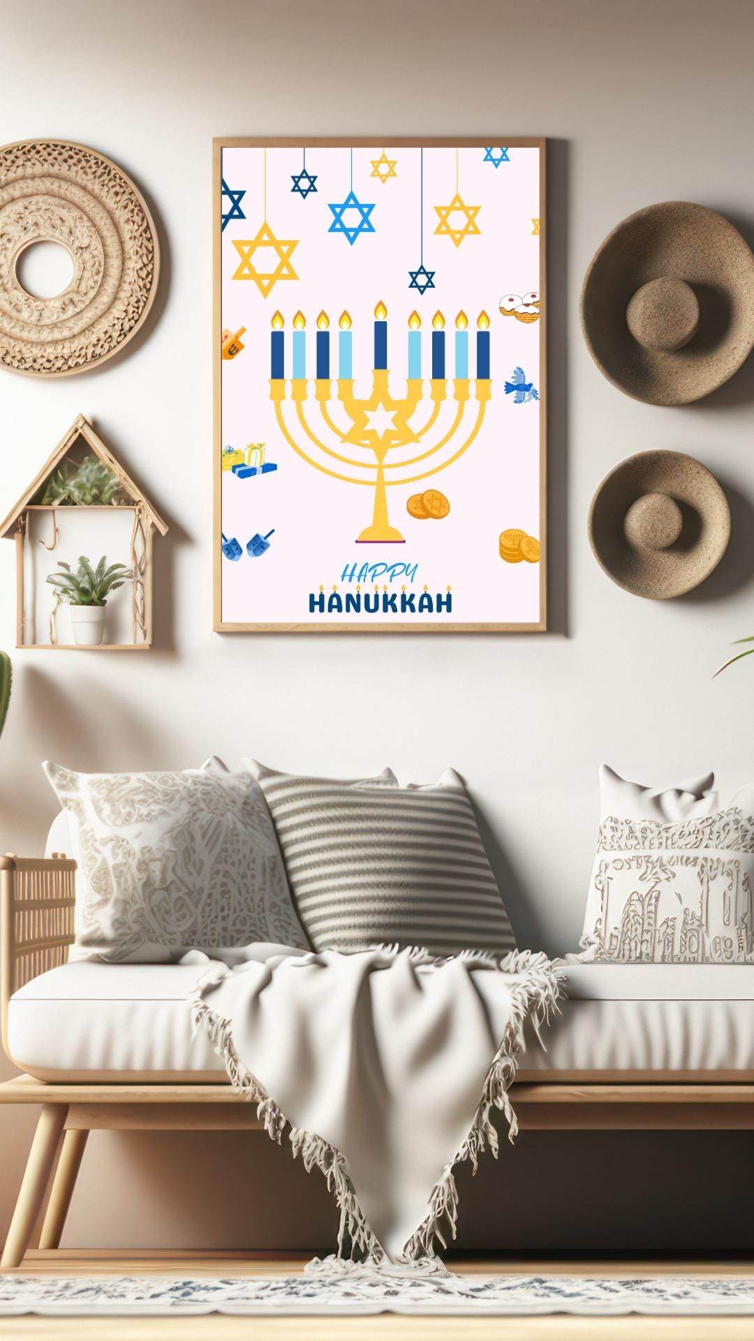 Hanukkah Printable Wall Art Digital Decor Digital product hanukkah-printable-wall-art-on-wall-above-couch My Store