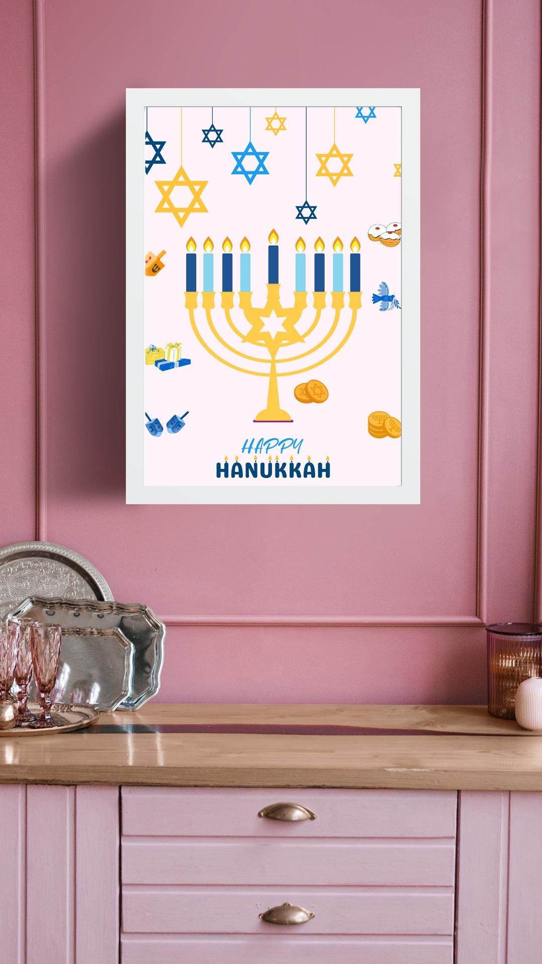 Hanukkah Printable Wall Art Digital Decor Digital product hanukkah-printable-wall-art-white-frame-pink-wall My Store
