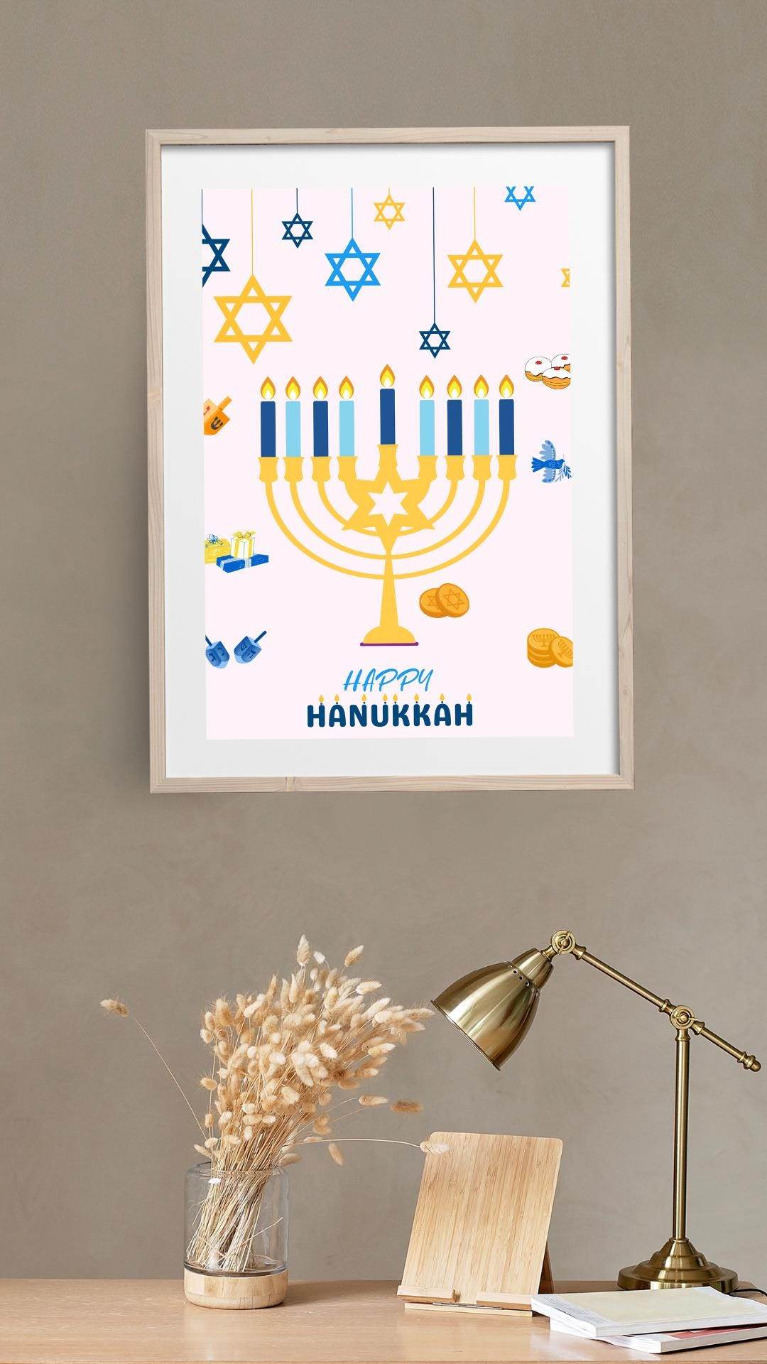 Hanukkah Printable Wall Art Digital Decor Digital product hanukkah-printable-wall-art-wooden-frame-with-lamp My Store