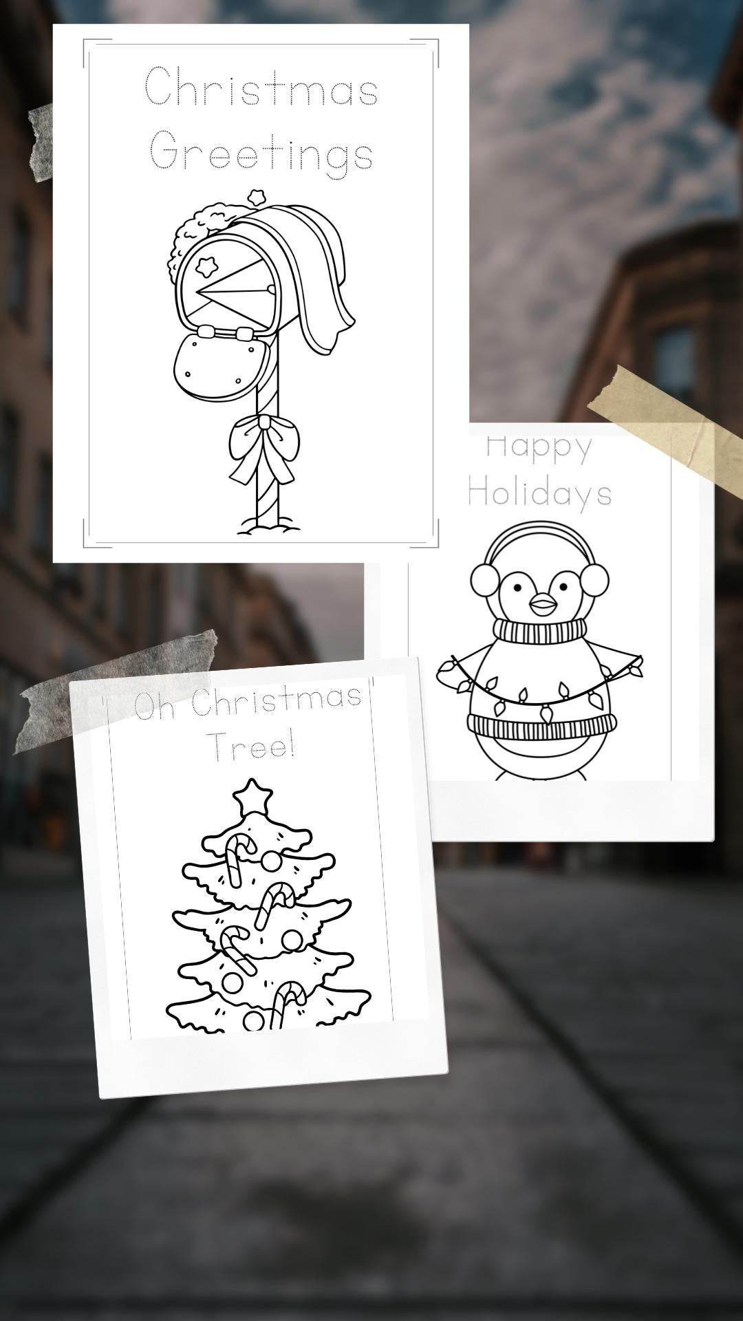 Printable Christmas Coloring Book For Kids - My Store Digital product holiday-coloring-book-for-kids-taped-polaroid-christmas-tree-penguin My Store