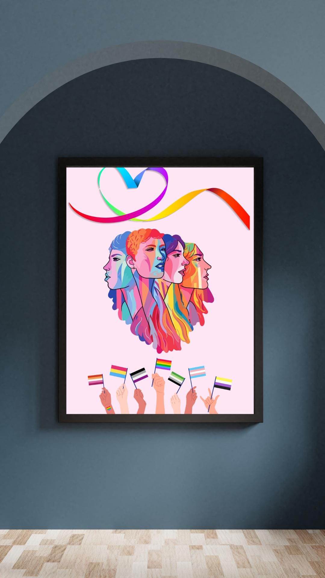 LGBTQ Pride Wall Art Digital Download Digital product lgbtq-pride-wall-art-black-frame-rainbow-faces-flags-heart-ribbon My Store