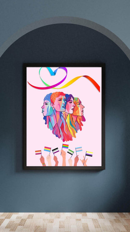 LGBTQ Pride Wall Art Digital Download Digital product lgbtq-pride-wall-art-black-frame-rainbow-faces-flags-heart-ribbon My Store
