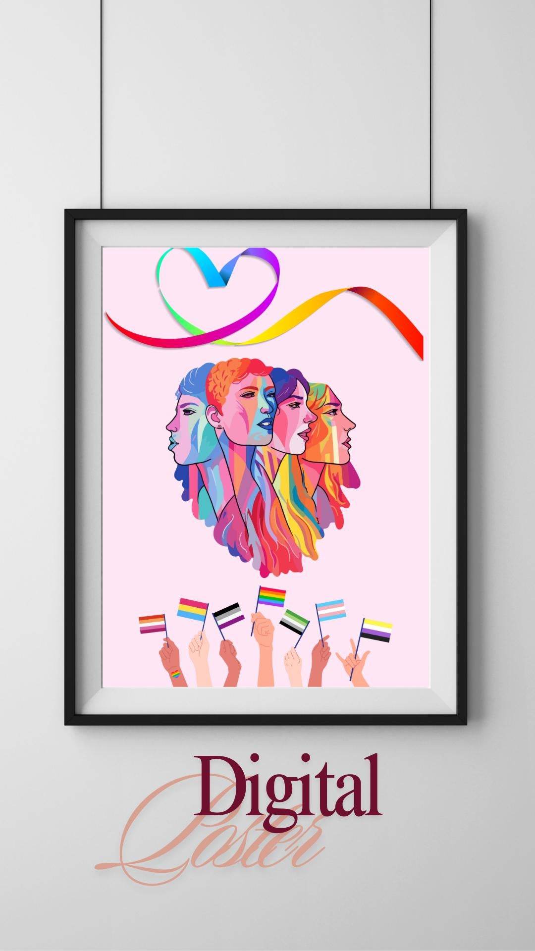 LGBTQ Pride Wall Art Digital Download Digital product lgbtq-pride-wall-art-colorful-faces-rainbow-flags-heart-ribbon My Store