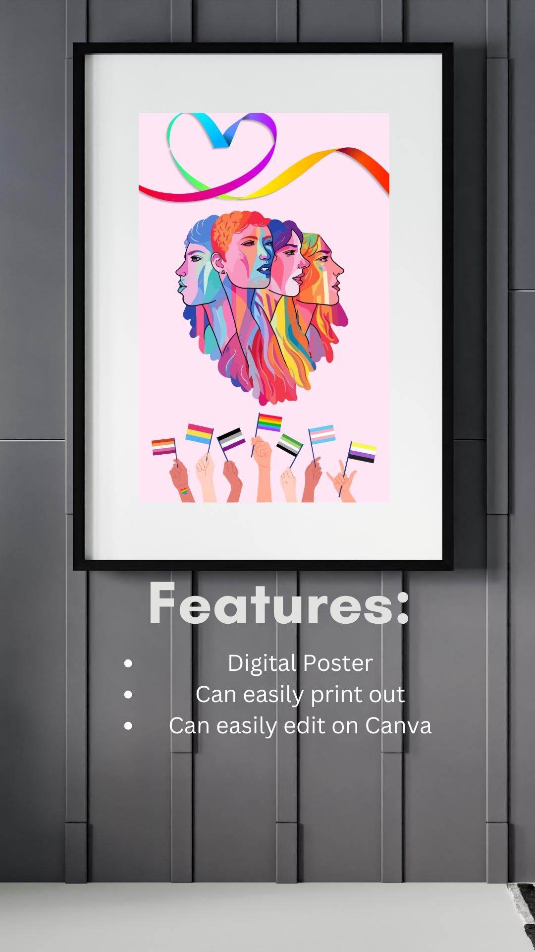 LGBTQ Pride Wall Art Digital Download Digital product lgbtq-pride-wall-art-digital-poster-flag-hands-white-frame My Store
