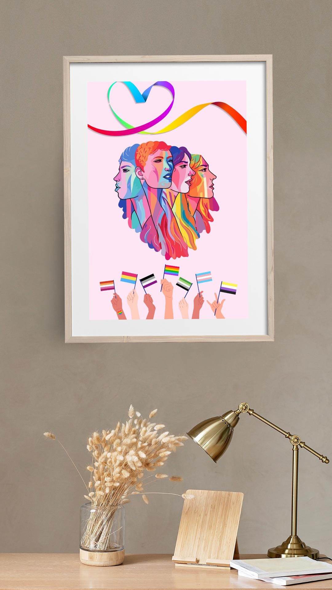 LGBTQ Pride Wall Art Digital Download Digital product lgbtq-pride-wall-art-light-wood-frame-tan-wall-background-flags My Store
