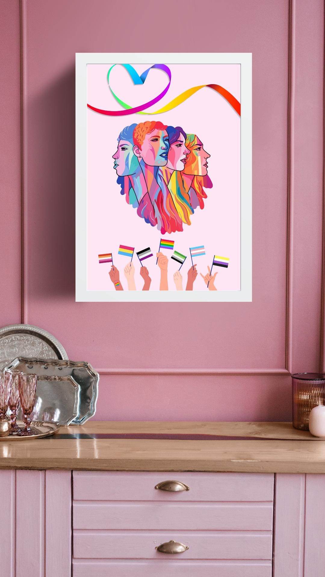 LGBTQ Pride Wall Art Digital Download Digital product lgbtq-pride-wall-art-pink-wall-background-rainbow-flag-hands My Store